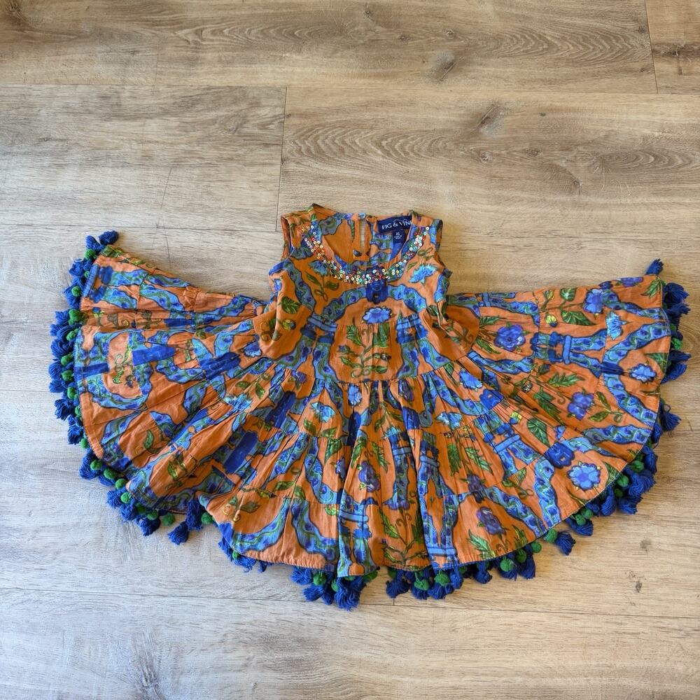 FIG & VINE Girls Size XS Floral Tiered Dress Orange Blue Sequins Tassel Hem Boho